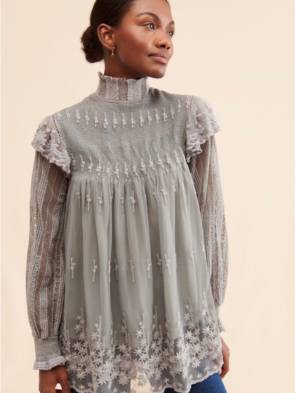 Bl-nk London mock neck Lace & Embroidered Mesh Blouse - Gray